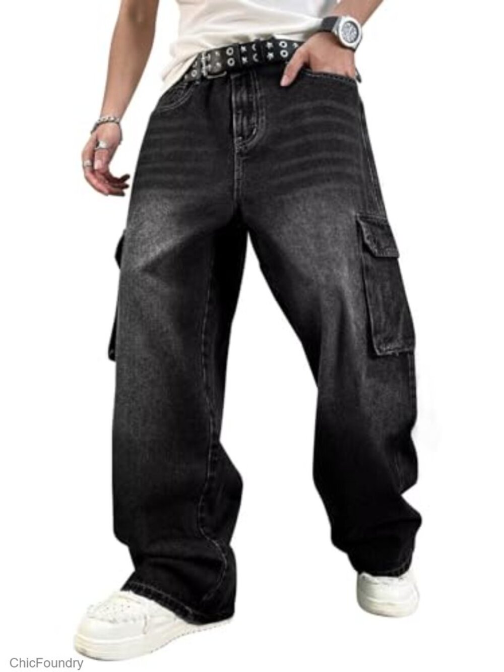 Baggy Cargo Jeans Y2K Skater Vintage Wide Leg Denim Pants Loose Fit Unisex